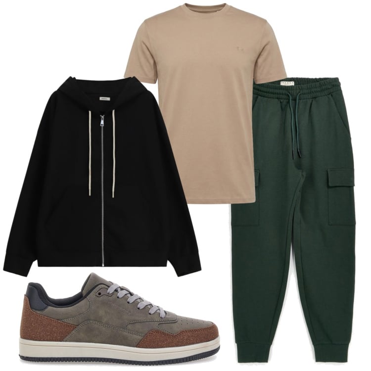 Outfit uomo - Total look #2469073. Stile Urban per Tutti i giorni. Abbinamento con t-shirt, felpe con cappuccio, sneakers, pantaloni cargo.