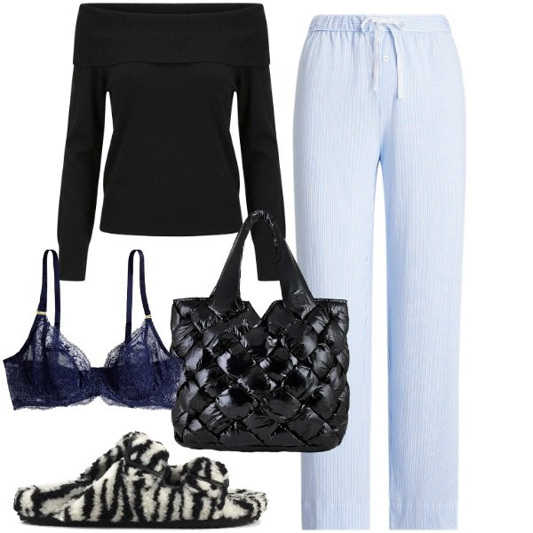 Outfit donna - Comodamente. Stile Urban per Tutti i giorni. Abbinamento con maglieria, borse tote, pantaloni, reggiseni, ciabatte.