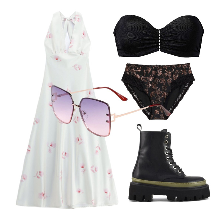 Outfit donna - Rock chic. Stile Trendy per Cerimonia. Abbinamento con reggiseni, culotte, occhiali da sole, vestiti lunghi, anfibi.