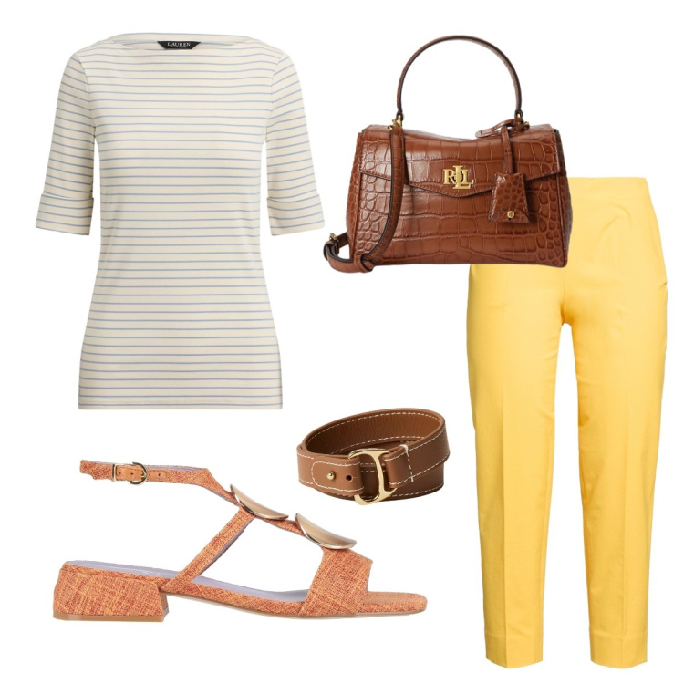 Outfit donna - Solare. Stile Bon Ton per Tutti i giorni. Abbinamento con pantaloni, sandali in pelle, t-shirt, borse a mano, braccialetti.