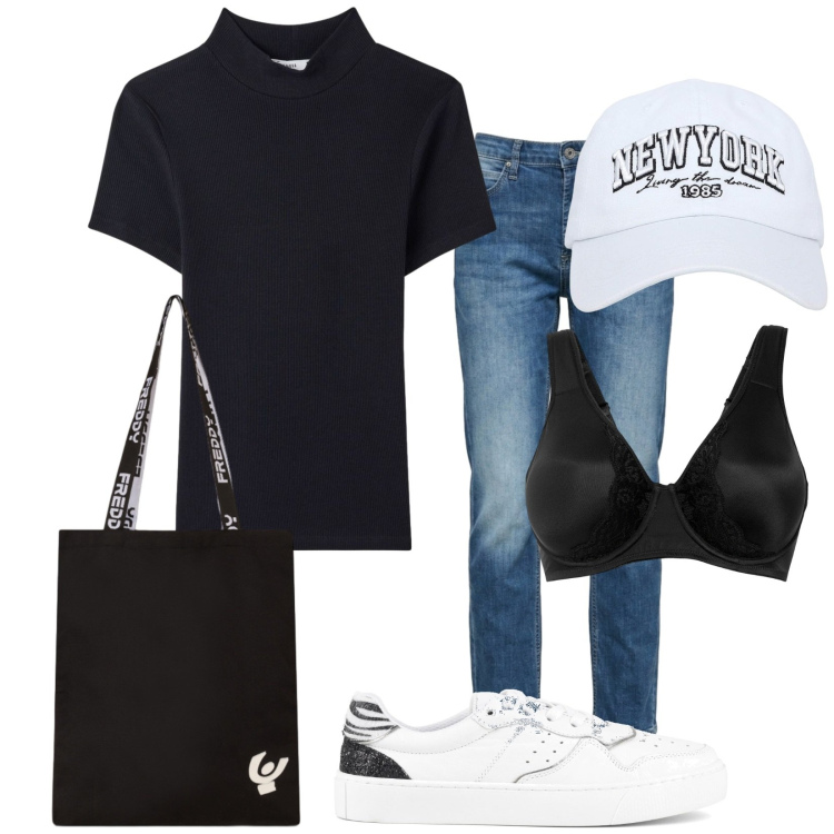 Outfit donna - Newyorkese. Stile Casual per Tutti i giorni. Abbinamento con reggiseni, t-shirt, cappelli, borse sportive, jeans, sneakers.