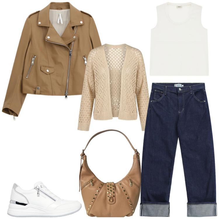 Outfit donna - Total look #2469081. Stile Urban per Tutti i giorni. Abbinamento con giacche, canottiere, jeans dritti, borse a spalla, cardigans, sneakers alte.