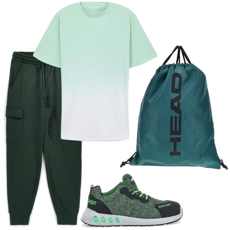 Outfit uomo - Total look #2469086. Stile Casual per Tutti i giorni. Abbinamento con t-shirt, borse sportive, pantaloni cargo, scarpe sportive.
