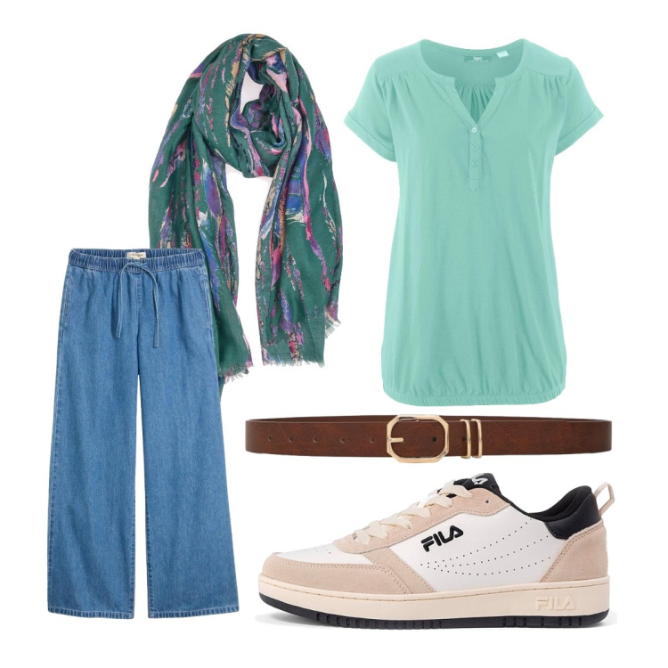 Outfit donna - Settembre. Stile Basic per Tutti i giorni. Abbinamento con jeans, maglieria, cinture, foulard, sneakers.