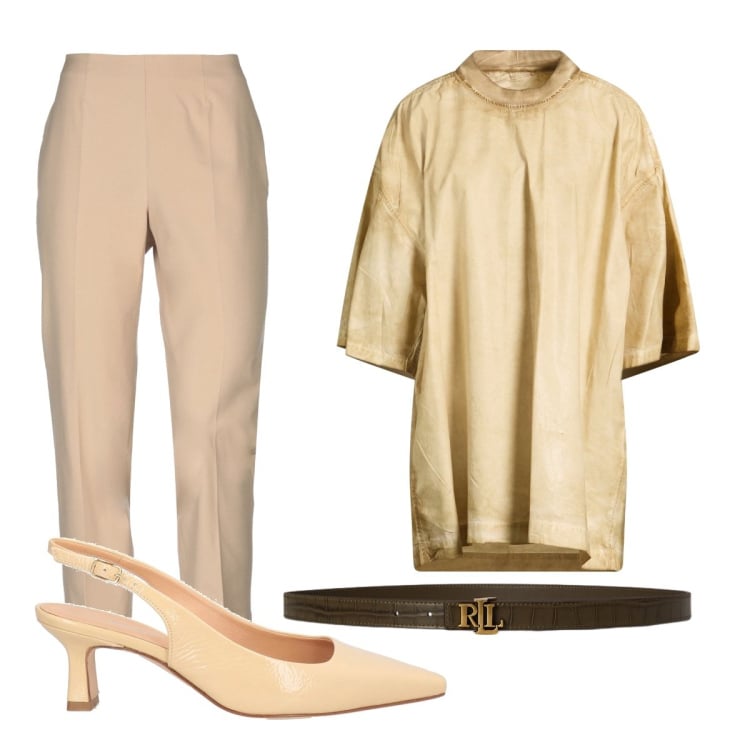 Outfit donna - Settembre curvy. Stile Bon Ton per Ufficio. Abbinamento con pantaloni, décolleté, t-shirt, cinture.