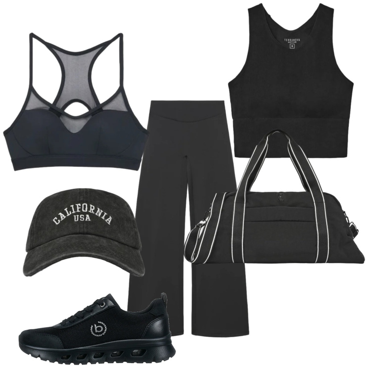 Outfit donna - Tonta unità Active. Stile Sporty chic per Sport. Abbinamento con cappelli con visiera, borse sportive, top sportivi, top sportivi, leggings sportivo, sneakers.