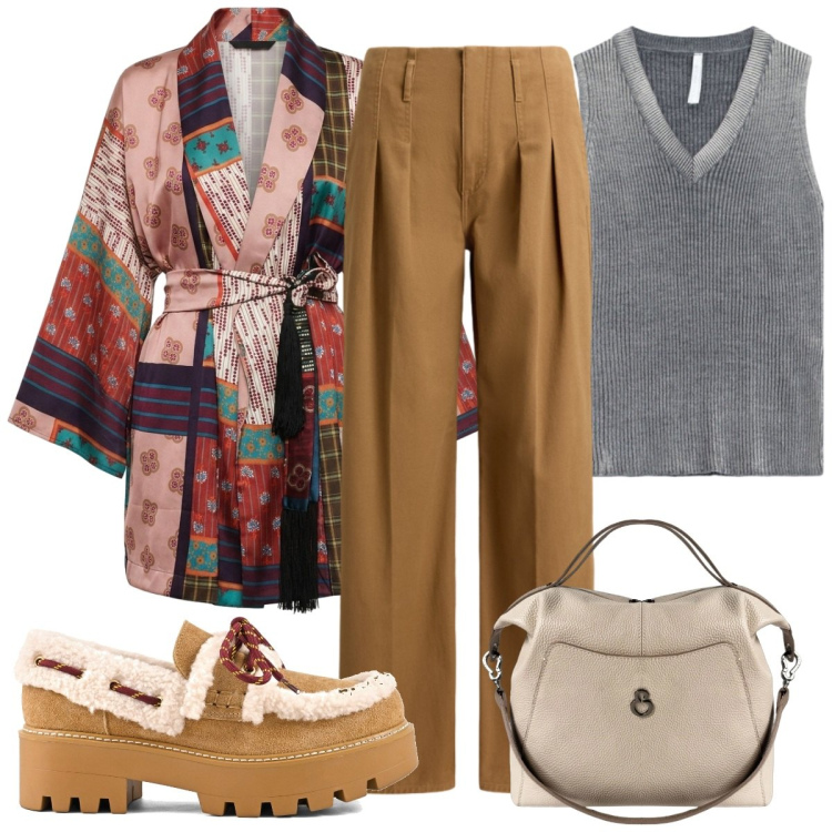 Outfit donna - Total look #2469095. Stile Trendy per Tutti i giorni. Abbinamento con kimono, top, borse a mano, pantaloni, mocassini.