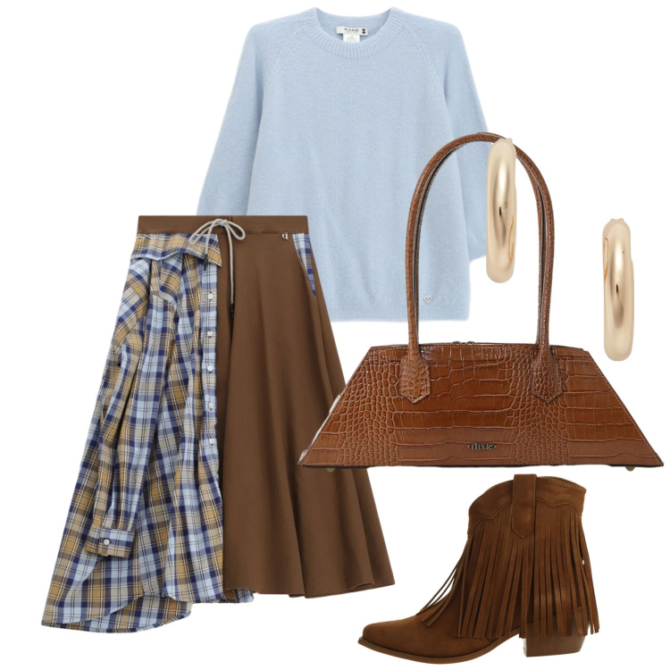 Outfit donna - Tartan & Fall Colors. Stile Boho per Tutti i giorni. Abbinamento con stivaletti texani, gonne longuette, borse a spalla, maglieria, orecchini.
