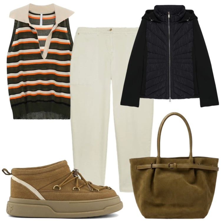 Outfit donna - Total look #2469099. Stile Basic per Tutti i giorni. Abbinamento con top, pantaloni cargo, piumini, borse a spalla, stivaletti.