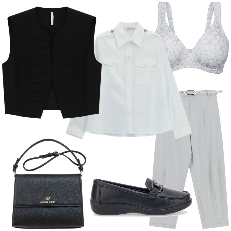 Outfit donna - Total look #2469100. Stile Casual chic per Ufficio. Abbinamento con reggiseni, pantaloni, gilet, camicie, mocassini, borse a tracolla.