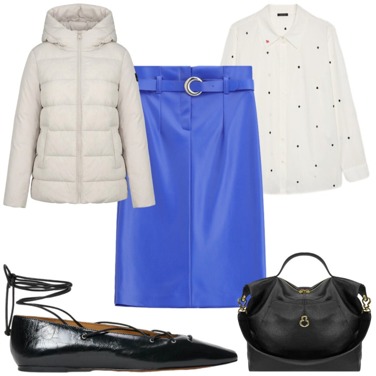 Outfit donna - Total look #2469105. Stile Trendy per Tutti i giorni. Abbinamento con gonne longuette, camicie, borse a spalla, piumini, ballerine.