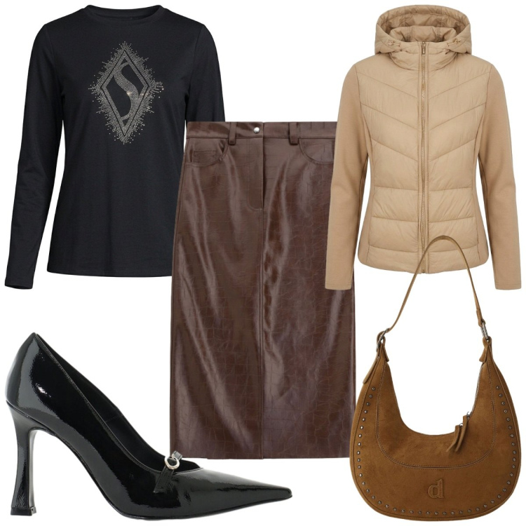 Outfit donna - Total look #2469109. Stile Casual chic per Tutti i giorni. Abbinamento con décolleté, borse a spalla, gonne longuette, piumini, t-shirt.