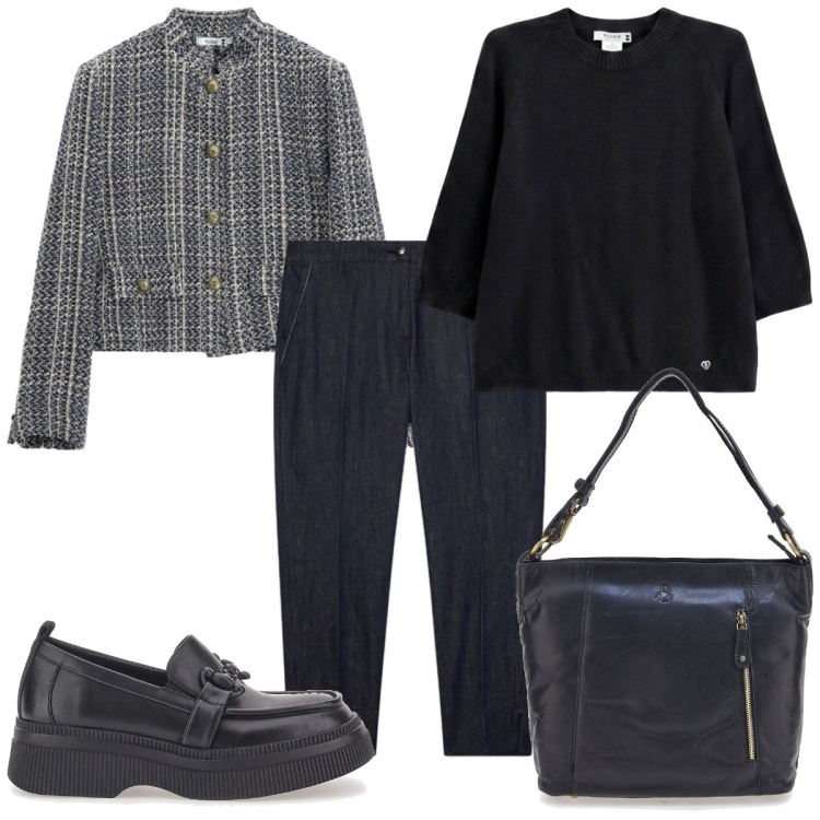 Outfit donna - Total look #2469113. Stile Mannish per Ufficio. Abbinamento con cappotti, maglieria, jeans, borse a spalla, mocassini.