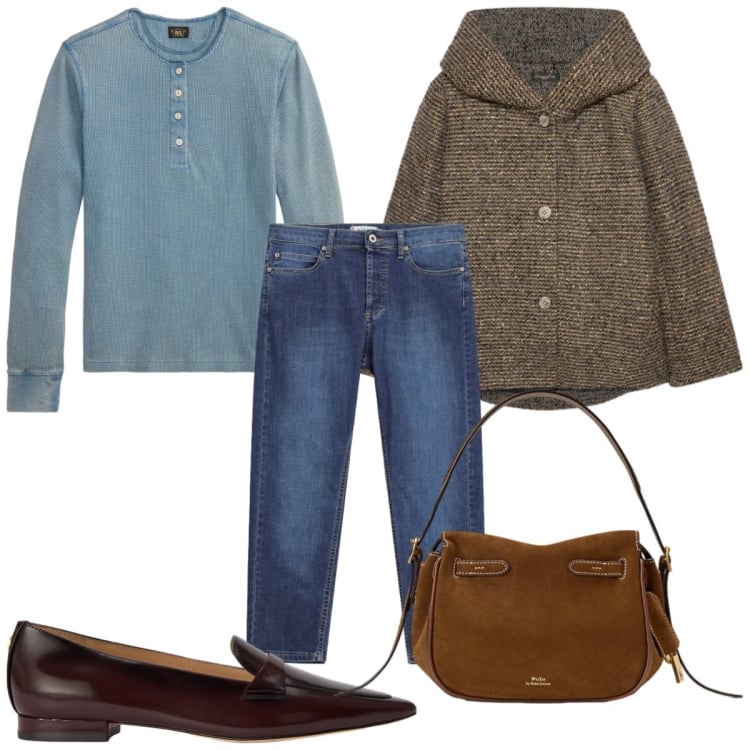 Outfit donna - Total look #2469116. Stile Casual per Tutti i giorni. Abbinamento con jeans dritti, blazer, borse a mano, mocassini, t-shirt.