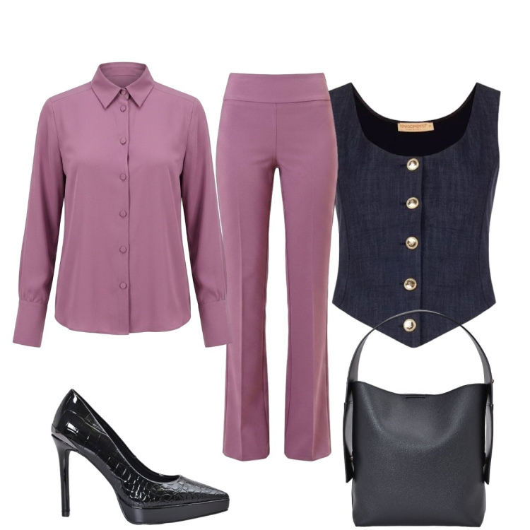 Outfit donna - Dall’ufficio allo shopping. Stile Chic per Ufficio. Abbinamento con décolleté, pantaloni, borse a spalla, camicie, gilet.