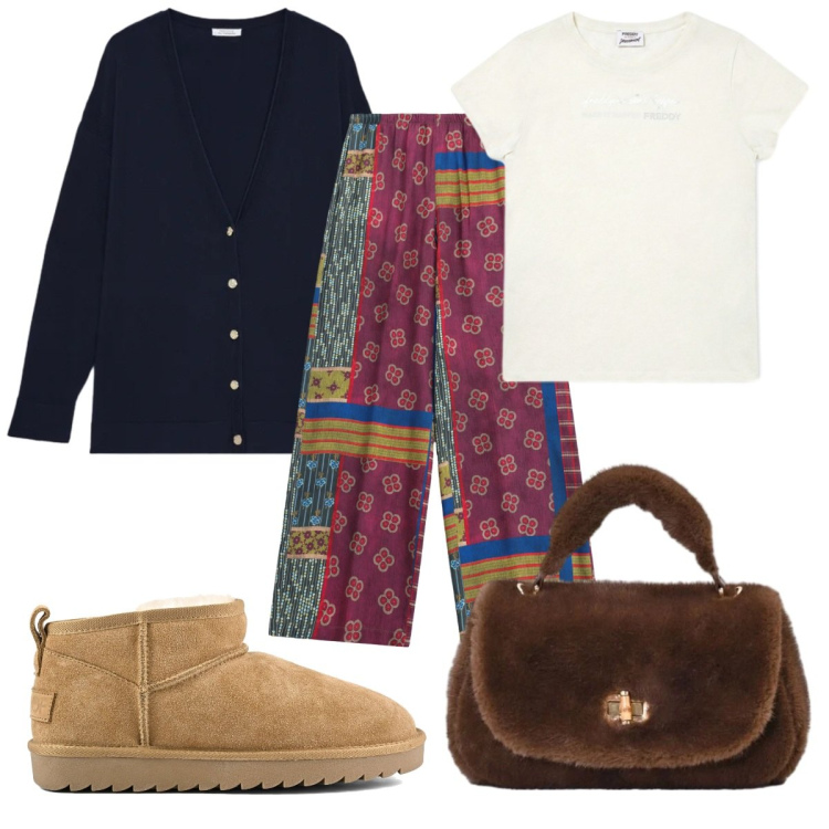 Outfit donna - Total look #2469123. Stile Etnico per Tutti i giorni. Abbinamento con pantaloni a palazzo, borse a mano, t-shirt, cardigans, stivali.