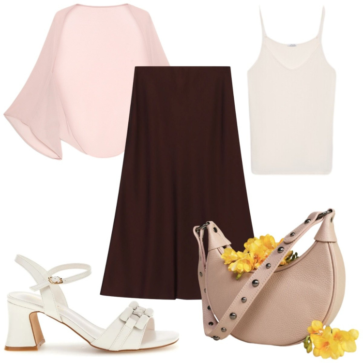 Outfit donna - Total look #2469126. Stile Trendy per Tutti i giorni. Abbinamento con gonne longuette, borse a spalla, blazer, canottiere, sandali col tacco.