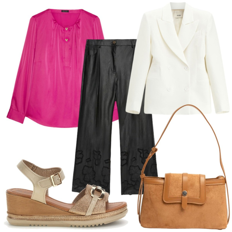 Outfit donna - Total look #2469127. Stile Trendy per Tutti i giorni. Abbinamento con blazer, bluse, pantaloni, borse a tracolla, sandali.