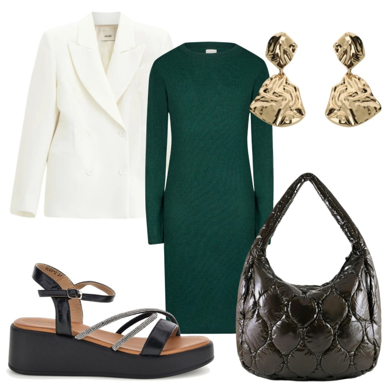 Outfit donna - Total look #2469128. Stile Trendy per Tutti i giorni. Abbinamento con blazer, orecchini, vestiti midi/longuette, borse tote, sandali.