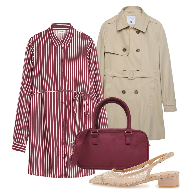 Outfit donna - Chemisier di Transizione. Stile Bon Ton per Ufficio. Abbinamento con vestiti chemisier, trench, borse a tracolla, décolleté.