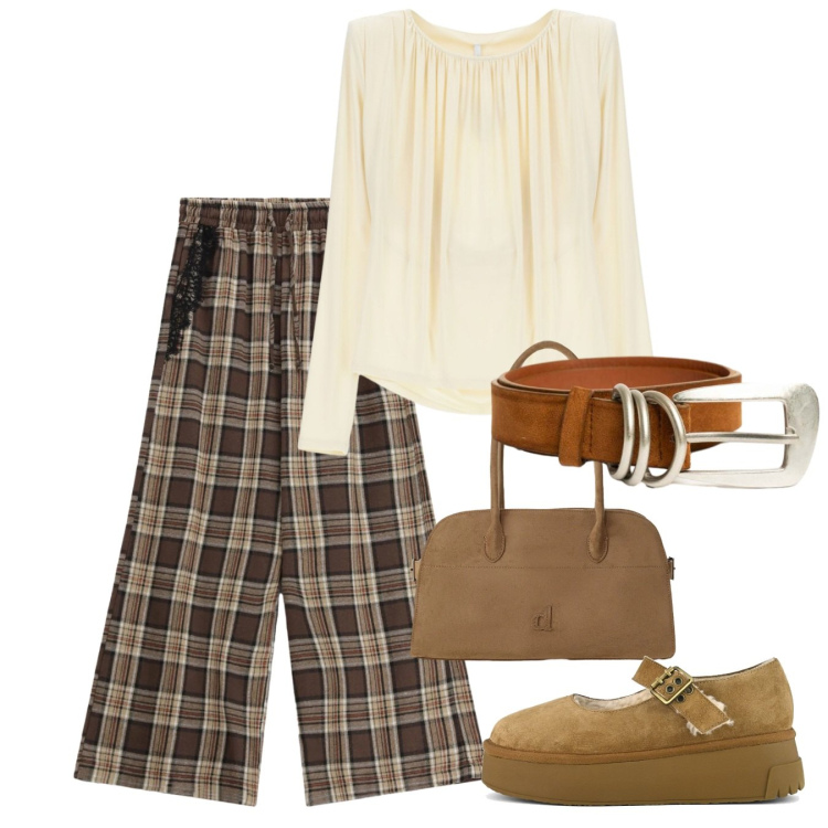 Outfit donna - Tartan & Fall Colors. Stile Bon Ton per Tutti i giorni. Abbinamento con t-shirt, borse a spalla, pantaloni a palazzo, cinture, décolleté.