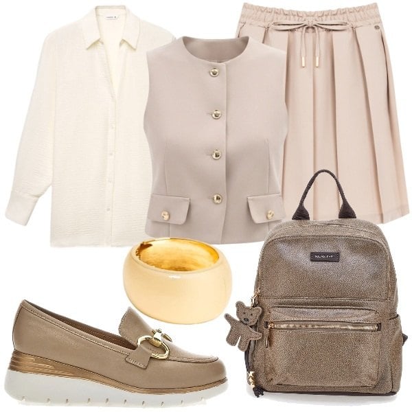 Outfit donna - affrontare il meteo di settembre. Stile Casual chic per Tutti i giorni. Abbinamento con camicie, minigonne, gilet, braccialetti, mocassini, zaini.