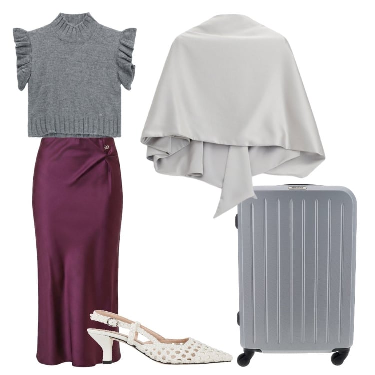 Outfit donna - Chic in partenza. Stile Chic per Tutti i giorni. Abbinamento con décolleté, scialli, gonne longuette, maglieria, valigie.