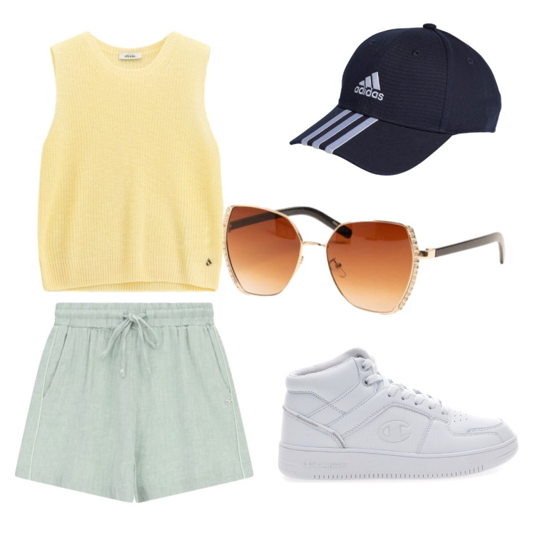 Outfit donna - Yellow sporty. Stile Sporty chic per Sport. Abbinamento con maglieria, shorts, occhiali da sole, cappelli con visiera, sneakers.