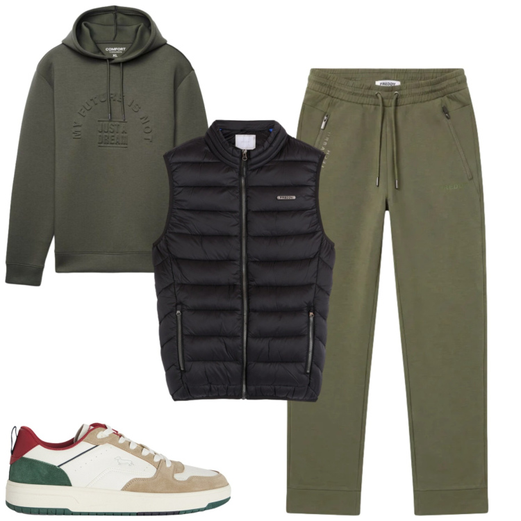Outfit uomo - Fall. Stile Casual per Tutti i giorni. Abbinamento con sneakers, felpe con cappuccio, piumini, pantaloni.