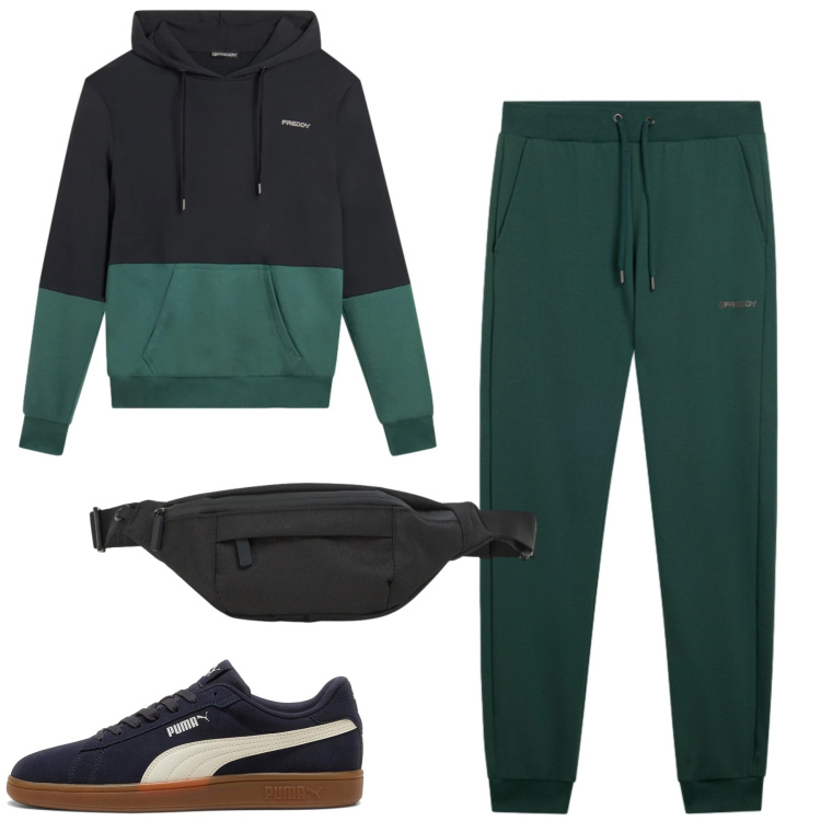 Outfit uomo - Freddy. Stile Casual per Tutti i giorni. Abbinamento con borse sportive, felpe con cappuccio, pantaloni, sneakers.
