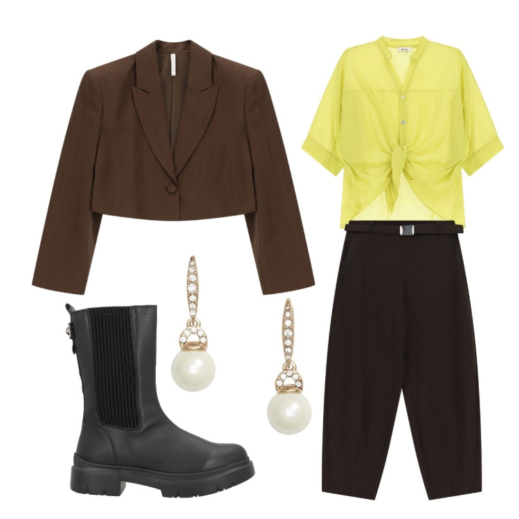 Outfit donna - Settembre. Stile Preppy per Cerimonia. Abbinamento con stivaletti chelsea, pantaloni, blazer, camicie a manica corta, orecchini.