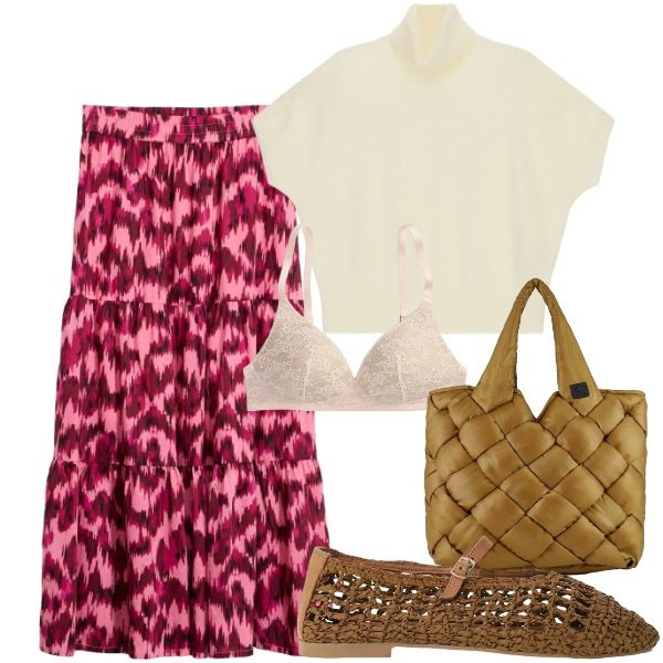 Outfit donna - Comodamente. Stile Basic per Tutti i giorni. Abbinamento con gonne lunghe, maglieria, ballerine, borse tote, reggiseni.