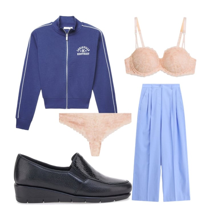 Outfit donna - Look quotidiano stiloso. Stile Sporty chic per Tutti i giorni. Abbinamento con perizomi, reggiseni a balconcino, pantaloni a palazzo, felpe, mocassini.