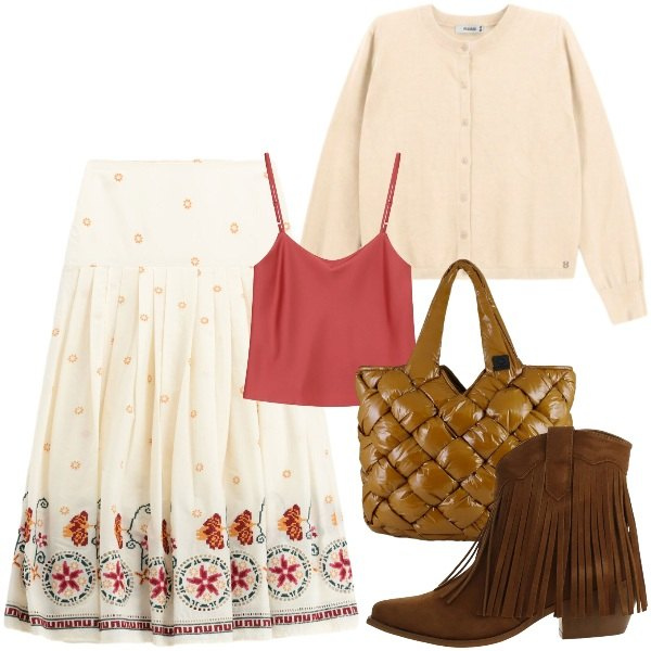 Outfit donna - Mix a settembre. Stile Urban per Tutti i giorni. Abbinamento con stivaletti texani, top, gonne lunghe, cardigans, borse tote.