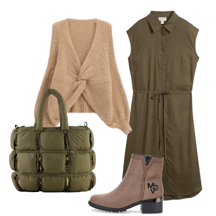 Outfit donna - Il cardigan cammello incrociato. Stile Urban per Ufficio. Abbinamento con vestiti chemisier, cardigans, borse a mano, stivaletti.