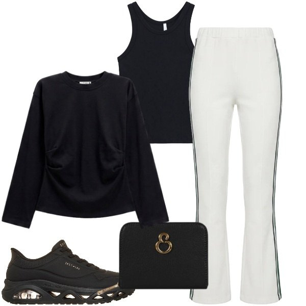 Outfit donna - passeggiando. Stile Sporty chic per Sport. Abbinamento con pantaloni, canottiere, felpe, portafogli, sneakers.