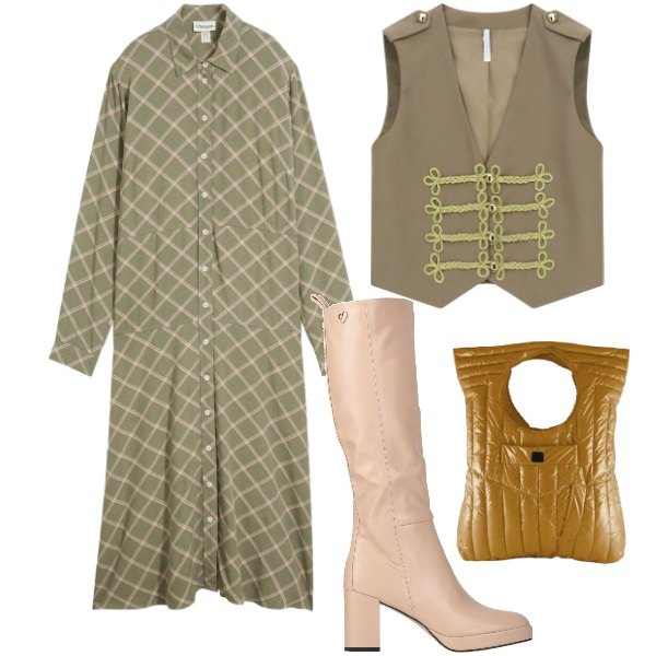 Outfit donna - Chemisier autunnale. Stile Trendy per Tutti i giorni. Abbinamento con stivali, vestiti chemisier, gilet, borse a mano.