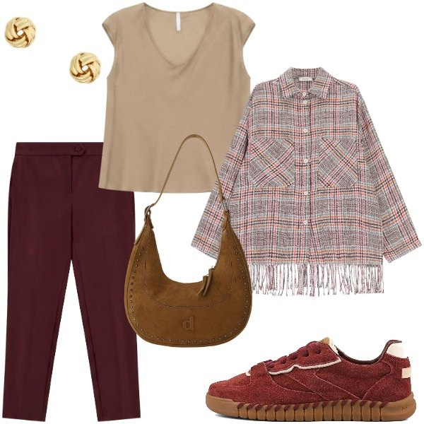 Outfit donna - Caldo autunno. Stile Sporty chic per Tutti i giorni. Abbinamento con pantaloni, t-shirt, camicie, borse a spalla, orecchini, sneakers.