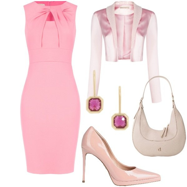 Outfit donna - Cerimonia in rosa. Stile Chic per Cerimonia. Abbinamento con décolleté, borse a tracolla, bolero, vestiti a tubino, orecchini.