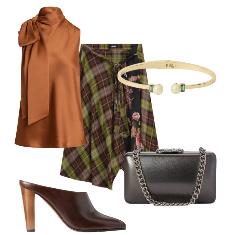 Outfit donna - Total look #2469172. Stile 70s per Serata fuori. Abbinamento con gonne longuette, bluse, braccialetti, sabot, clutch.