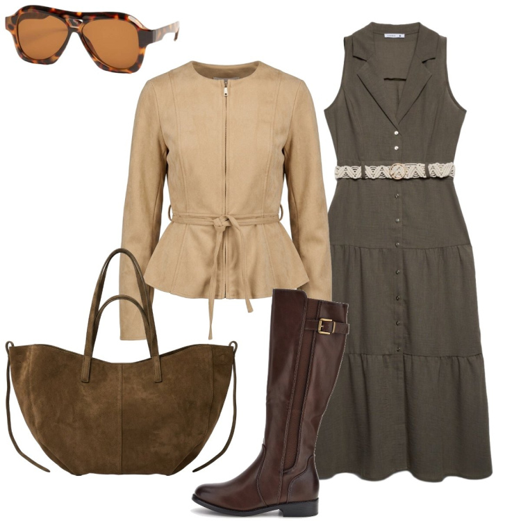 Outfit donna - Dall’estate all’autunno. Stile Urban per Tutti i giorni. Abbinamento con vestiti chemisier, blazer, borse tote, occhiali da sole, stivali sopra il ginocchio.