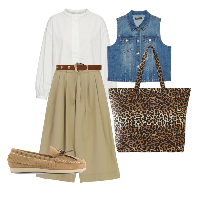 Outfit donna - Settembre. Stile Casual per Tutti i giorni. Abbinamento con shopping bag, cinture, pantaloni a palazzo, camicie, gilet, mocassini.