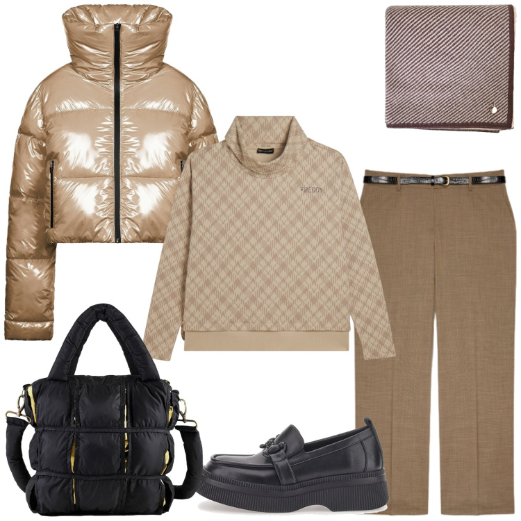 Outfit donna - Total look #2469184. Stile Urban per Tutti i giorni. Abbinamento con sciarpe, felpe, pantaloni, borse a mano, piumini, mocassini.