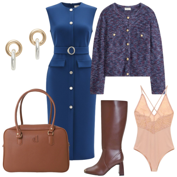 Outfit donna - Glamour senza eccessi. Stile Glamour per Ufficio. Abbinamento con cardigans, body, borse a mano, vestiti midi/longuette, stivali sopra il ginocchio, orecchini.