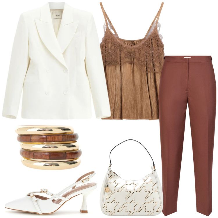 Outfit donna - Total look #2469191. Stile Chic per Serata fuori. Abbinamento con pantaloni, top, blazer, braccialetti, décolleté, borse a tracolla.