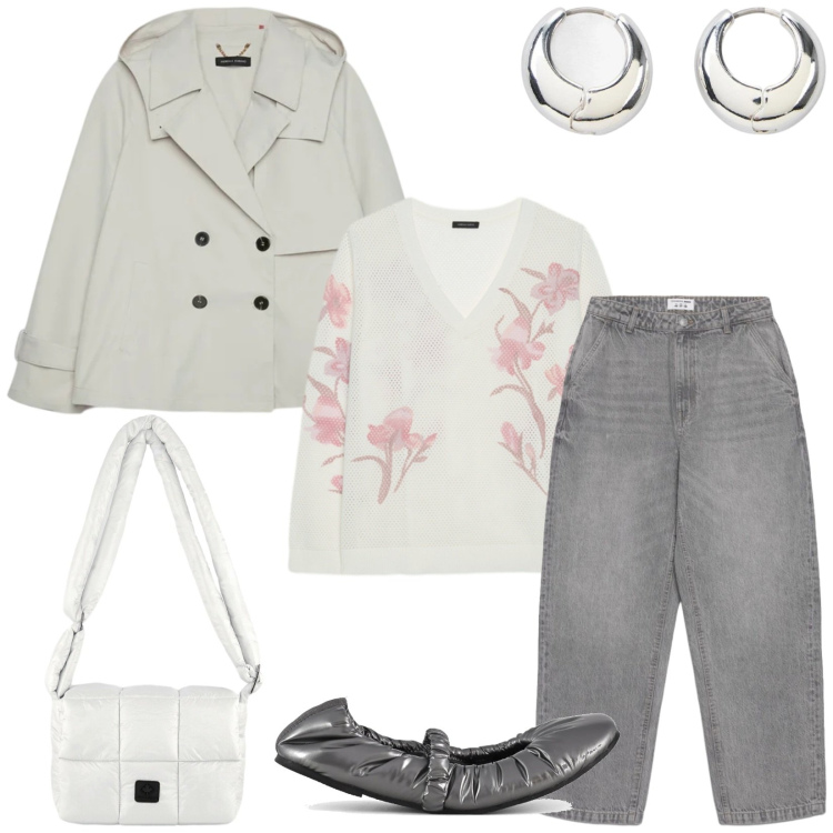 Outfit donna - Total look #2469196. Stile Casual chic per Tutti i giorni. Abbinamento con orecchini, jeans dritti, maglieria, trench, borse a spalla, ballerine.
