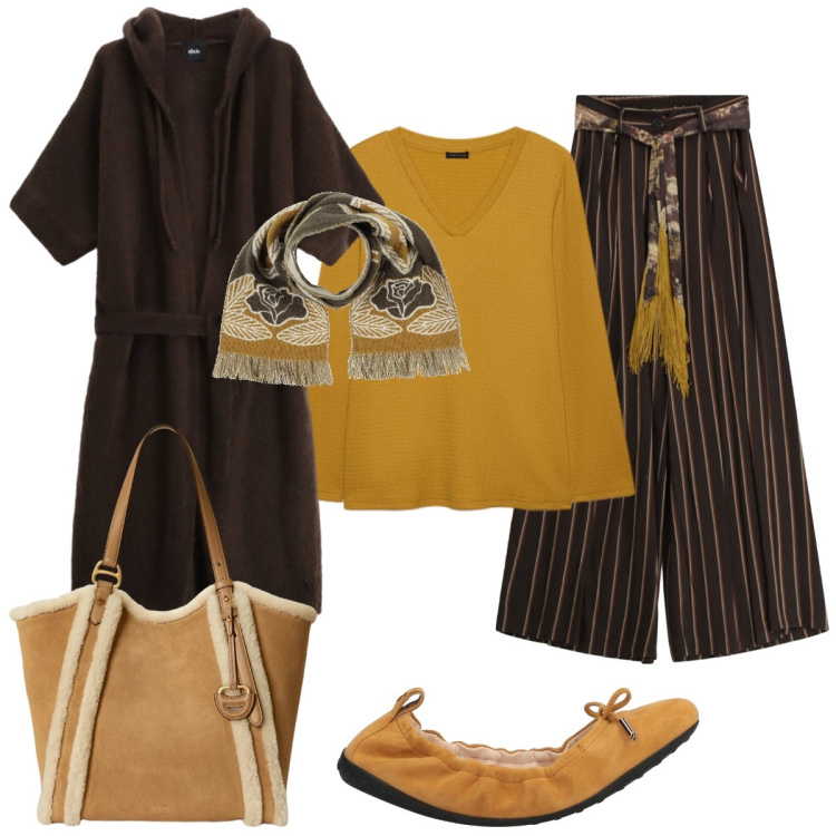 Outfit donna - Layering e accessori ocra. Stile Chic per Tutti i giorni. Abbinamento con ballerine, sciarpe, pantaloni a palazzo, cardigans, t-shirt, borse tote.