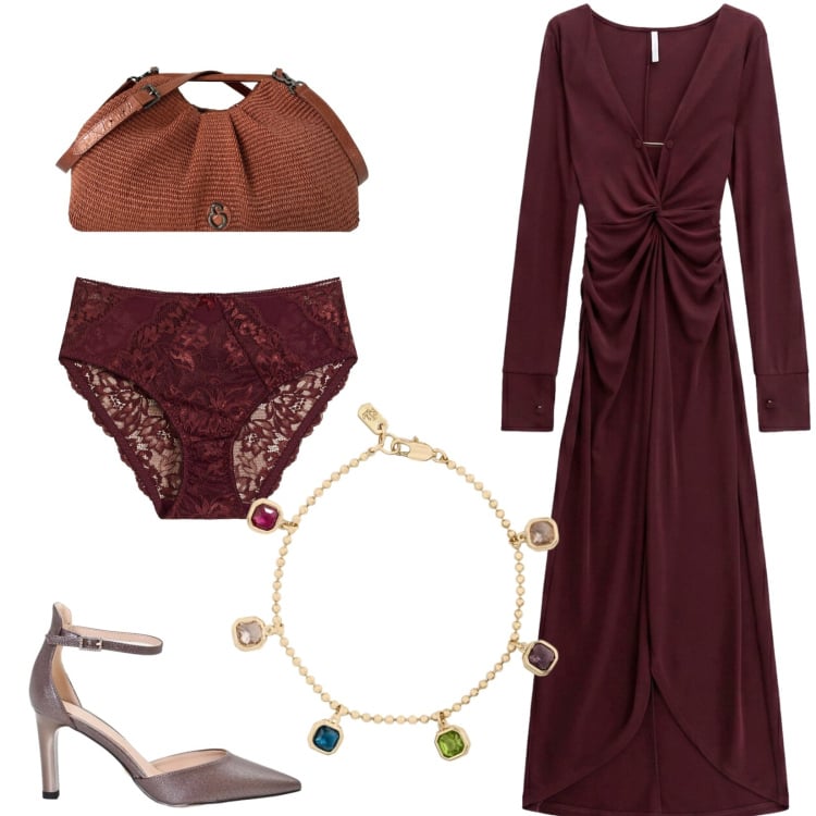 Outfit donna - Total look #2469199. Stile Casual chic per Serata fuori. Abbinamento con culotte, vestiti lunghi, décolleté, clutch, braccialetti.