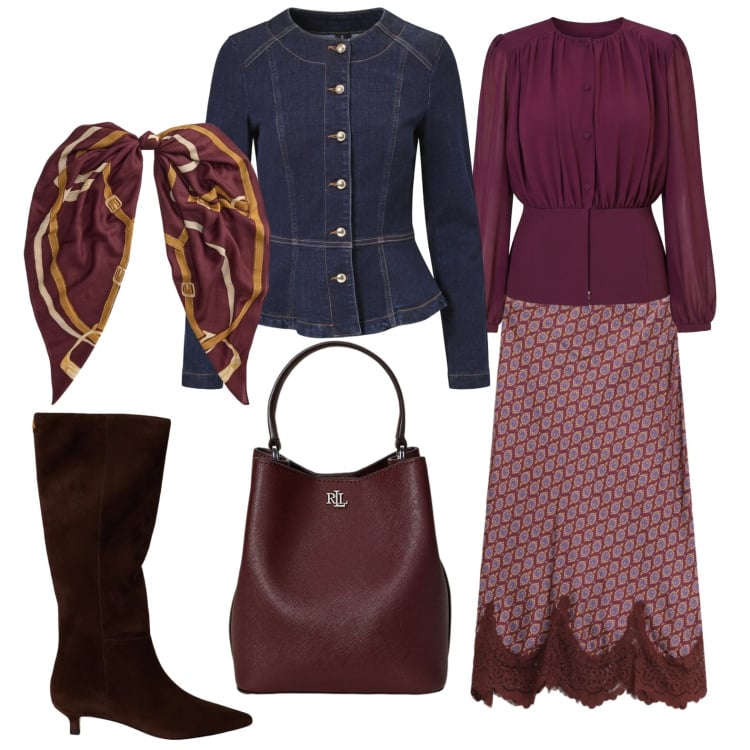 Outfit donna - Invitata ad una cena di compleanno. Stile Chic per Serata fuori. Abbinamento con gonne longuette, blazer, bluse, borse a secchiello, foulard, stivali.