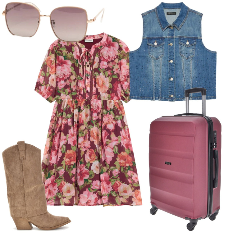 Outfit donna - Total look #2469203. Stile Boho per Tutti i giorni. Abbinamento con vestiti, gilet, occhiali da sole, stivali, valigie.